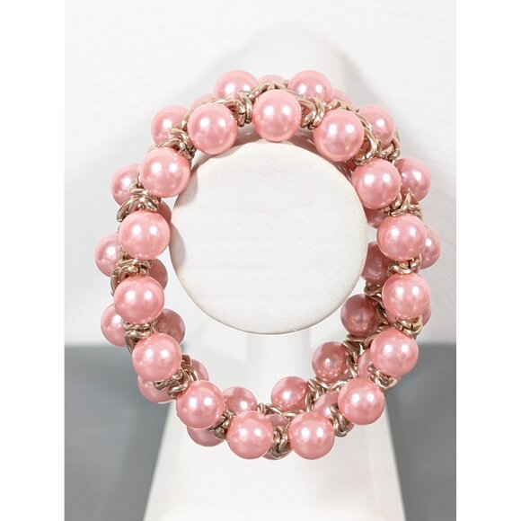 Pink Faux Pearl Woven Chain Bracelet Retro Evening Elegant 7" - Picture 2 of 7